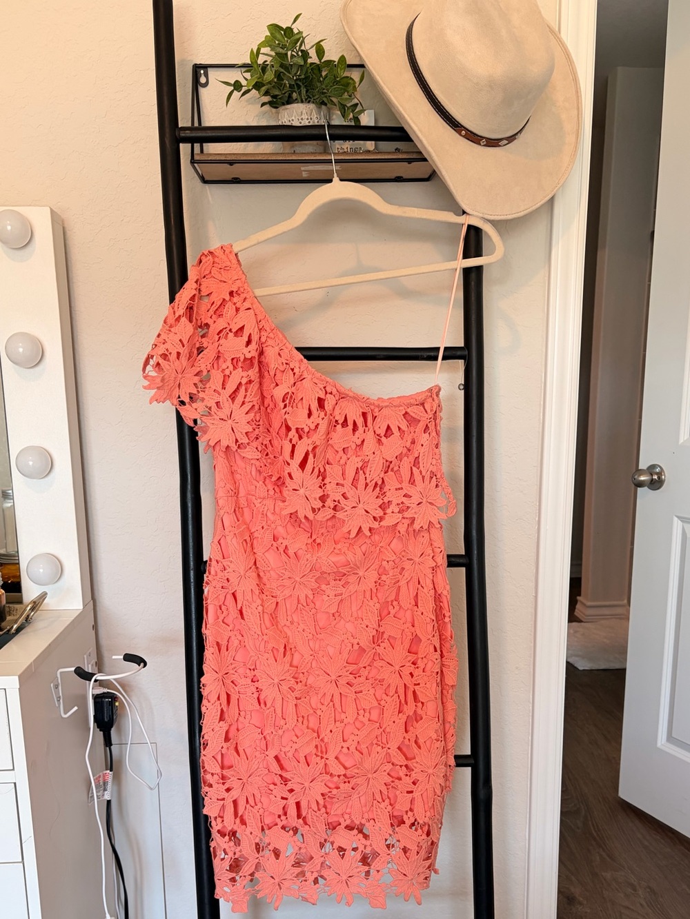 Lush One-Shoulder Coral Lace Floral Dress